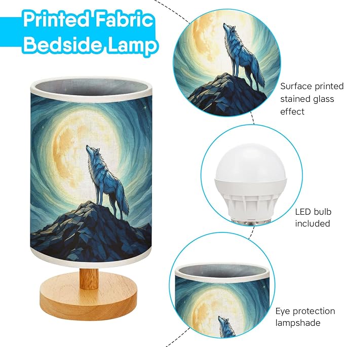 Wolf Table Lamp LED 3-Color Pressed Bedside, Wolf Shade Lamp with Wood Base for Bedroom Living Room Desk Office TL01