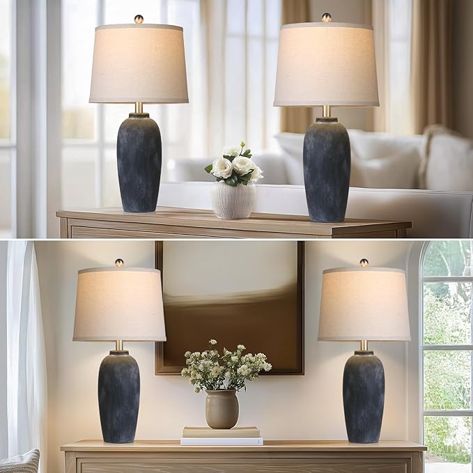 25“ Jar Table Lamps Set of 2, Ceramic Bedside Lamps for Bedroom, Black Farmhouse Nightstand Lamps for Living Room