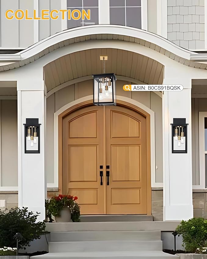 TODOLUZ 2-Pack Large Outdoor Wall Light Fixtures, 3-Light Waterproof Porch Wall-Mounted Lamp Lantern Lighting for Front Door Entryway Patio, E26 Bulb Base