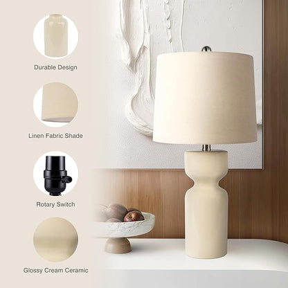 Abani Table Lamp Carlotta Gloss Cylinder 23” – Cream Ceramic Base with Linen Shade – E26 Bulb Included – Modern Desk Lamp for Bedroom, Living Room Lamp, or Entryway
