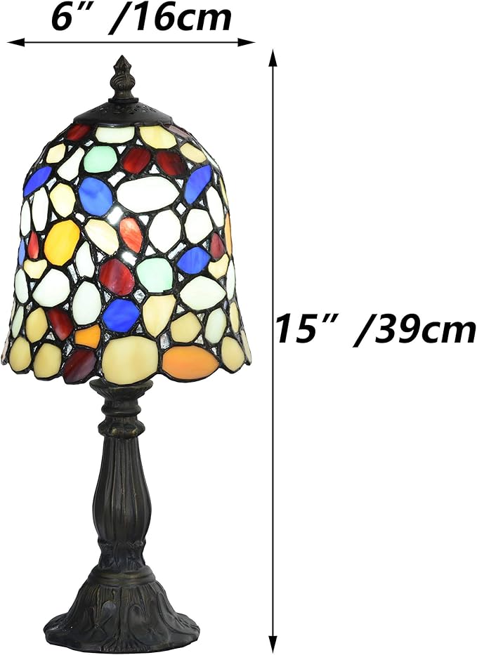 Bieye L10729 Colored Cobblestone Tiffany Style Stained Glass Table Lamp with 6-inch Wide Lampshade, Multi-Colored, 15 inch Tall