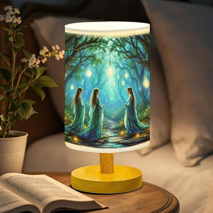 Elves in an Enchanting Table Lamp LED 3-Color Pressed Bedside, Elves in an Enchanting Shade Lamp with Wood Base for Bedroom Living Room Desk Office TL01