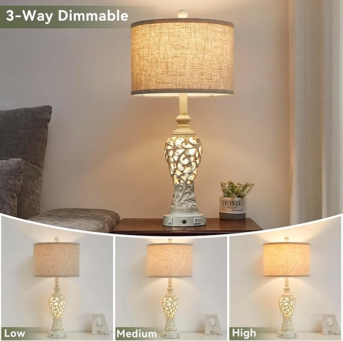 26" Single Farmhouse Table Lamp - 2 USB A+C 3-Way Dimmable Touch Lamps with Nightlight for Living Room Bedroom Lamp Bedside Nightstand Lamps