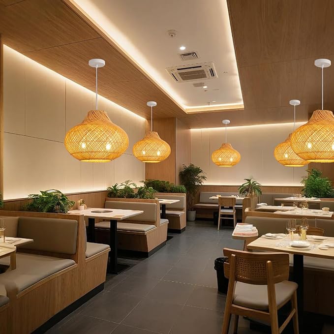 2-Light Rattan Pendant Light,14.96" Hanging Light,Round Wicker Pendant Light Hand-Woven Rattan Chandelier for Workplace Dining Living Bedroom Kitchen Farmhouse