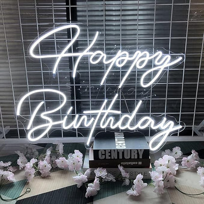 Large Happy Birthday LED Neon Sign, 28 inches Personalized Neon Light Sign for Birthday Party Wall Decoration Bar Rave Home Decor Christmas Light Present(White)
