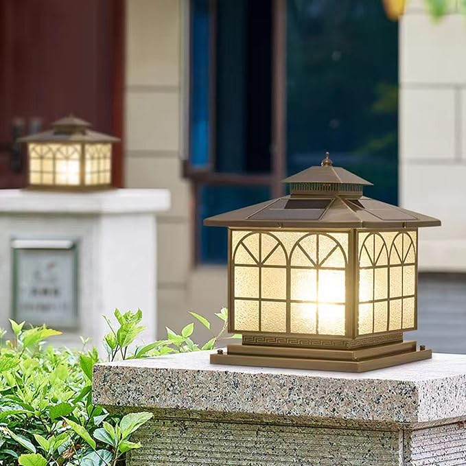 Copper Solar Outdoor Post Lights, Vintage Patio Lawn Column Lamp, Deck Lights, Lantern Fence Lamp Fixture, Luxury Landscape Lighting (Solar, 12x12in, Copper, Brown)