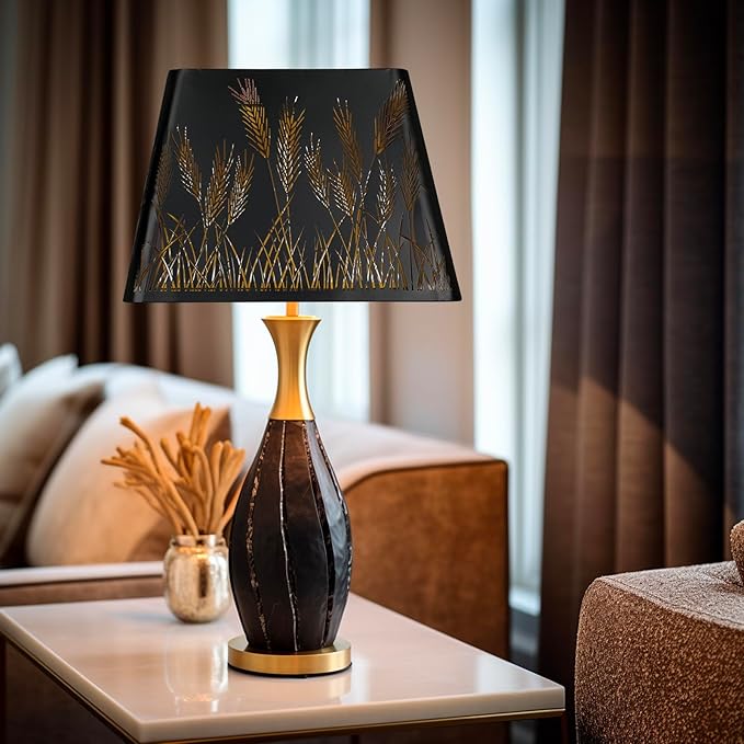 Medium Square Lamp Shades, ALUCSET Metal Lampshade with Pattern of Wheatear for Table Lamp and Floor Light, 9 x 12 x 8.8 Inch, Spider (Black/Gold)