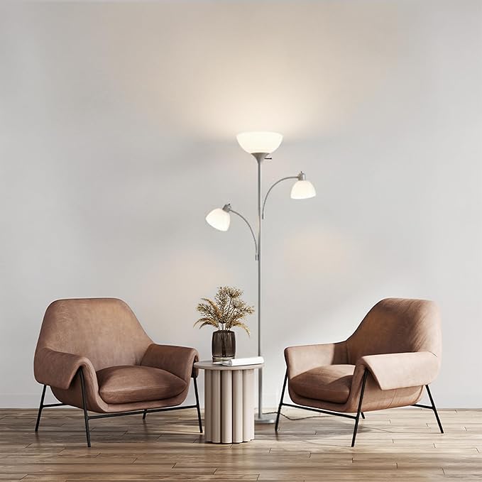Brightech Sky Dome Double LED Floor lamp, Torchiere Super Bright Floor Lamp with 2 Reading Lamps for Living Rooms & Offices - Dimmable Tall Standing Lamp for Bedroom Reading - Tall Silver Pole