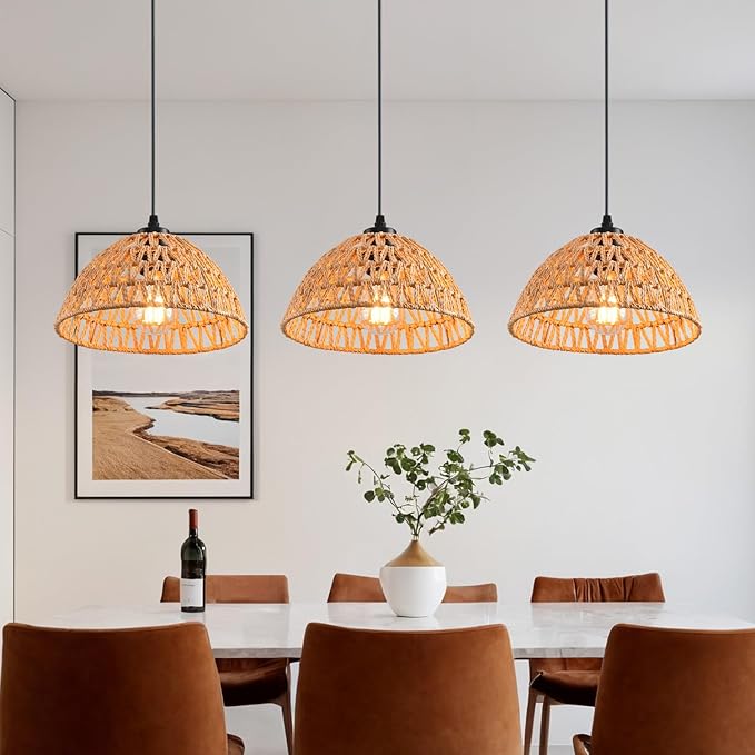 3 Pack Woven Pendant Light Fixtures,10.2" Brown Rattan Pendant Lights Farmhouse Basket Light Fixture Adjustable Boho Hanging Lamp for Kitchen Island Bedroom Dining Room Foyer Hallway