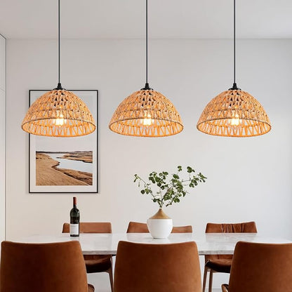 3 Pack Woven Pendant Light Fixtures,10.2" Brown Rattan Pendant Lights Farmhouse Basket Light Fixture Adjustable Boho Hanging Lamp for Kitchen Island Bedroom Dining Room Foyer Hallway