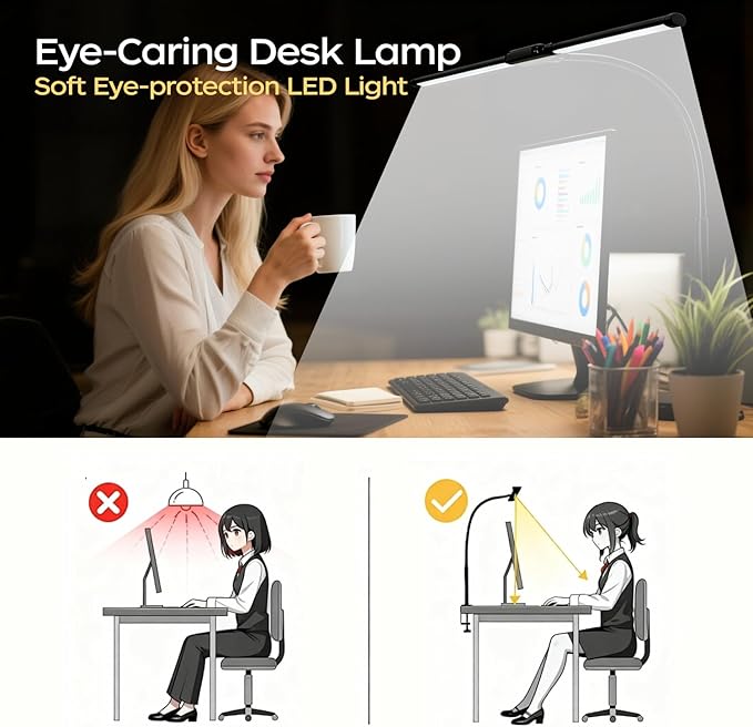 LED Desk Lamp with Clamp, Double Head Adjustable Architect Light, Eye-Caring Monitor Desk Lamp for Home Office, Flexible Gooseneck Task Lamp with 10 Brightness Levels & 5 Color Temperature Modes Black