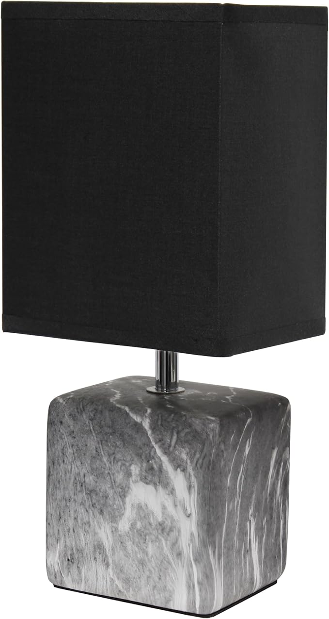 Simple Designs LT1217-BOB 11.81" Mini Marble Ceramic Cube Table Lamp, for Living Room, Bedroom, Office, Black with Black Shade