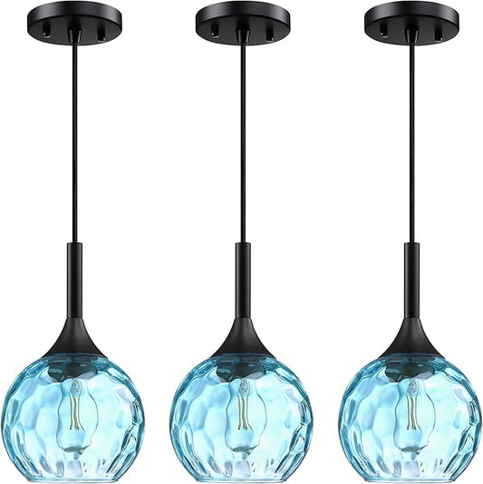 6.3" Blue Texture Glass Rod Pendant Light 3 Pack Pendant Ceiling Light Fixture Black Finish Modern Farmhouse Dinning Over Sink Adjustable Height Cord