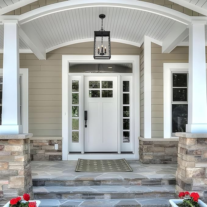Large Outdoor Pendant Light, 22" Farmhouse Hanging Lantern with Water Ripple Glass, Vintage Black Adjustable Exterior Chandelier Fixture Ceiling Light for Porch, Patio, Gazebo, Entryway