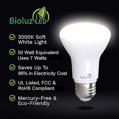 Bioluz LED 4 Pack BR20 LED Bulbs Indoor Flood Light R20 Dimmable High CRI 3000K Soft White, 50 Watt Equivalent Uses 7W, 540 Lumens UL Listed FCC RoHS Compliant