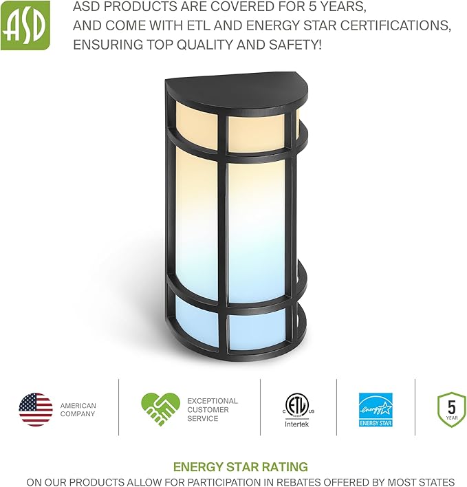 ASD LED 24" Half Cylinder Wall Light Fixture, Outdoor Patio Sconce | 3CCT, Stainless Steel, Waterproof, Energy Star, ETL Listed | 24W 1970LM 3000-5000K 100-277V | Exterior Lighting | Black, 4 Pack