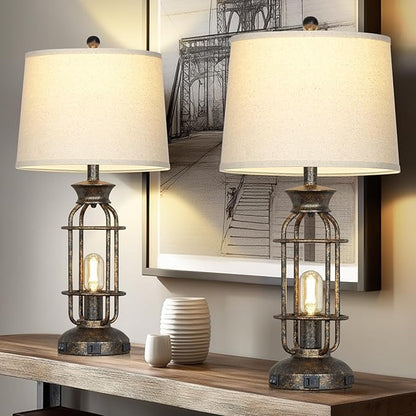 28" Vintage Table Lamps for Living Room, Industrial Farmhouse Table Lamp with USB C+A Ports & Outlet, Rustic Nightstand Bedside Lamps with 2 Night Light for Bedroom End Tables Bronze, 4 Bulbs Included