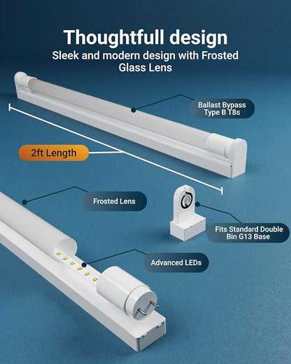 Sunco 24 Pack 2ft LED T8 Clear Glass Tube for Indoor Replacement Fluorescent Commercial Office Hallway Warehouse, Type B, 10W 1200 Lumens, 5000K Daylight, Non-Dimmable, 100-277V, 50,000 Hour Lifetime