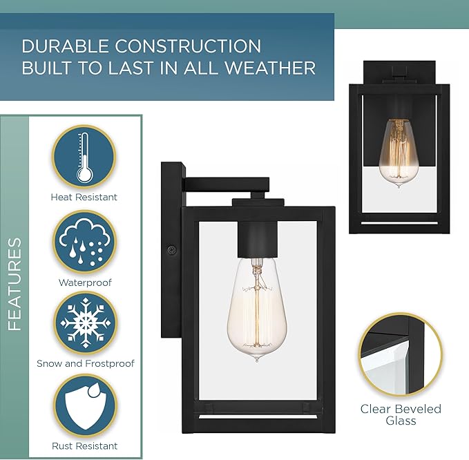 Quoizel Westover Modern Wall Sconce, 10 Inch Earth Black 1-Light Outdoor Light Fixture, Clear Transparent Glass Wall Lantern, 100 W, Industrial Design Wall Light for Porch, Patio, Gazebo or Yard