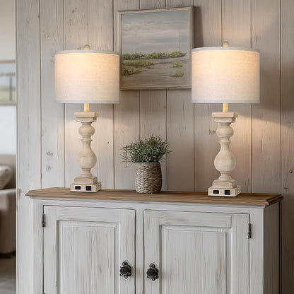 28" Tall Farmhouse Table Lamps Set of 2 with USB C+A Ports and AC Outlet, 3 Way Touch Tall Rustic Bedside Lamps for Living Room, Beige Vintage Lamps for Bedroom