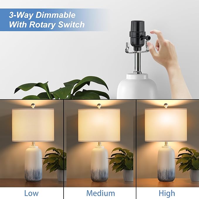 24" Blue Ceramic Table Lamps Set of 2, Modern Coastal Blue Bedside Nightstand Lamp for Living Room, 3 Way Dimmable End Table Lamps for Bedroom Office