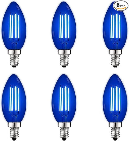 LUXRITE E12 LED Filament Blue Light Bulb, 4.5W (40W Equivalent), Colored Glass Candelabra Bulb, UL Listed, E12 Base, Indoor Outdoor, Porch, Decoration, Party, Holiday, Event, Home Lighting (6 Pack)