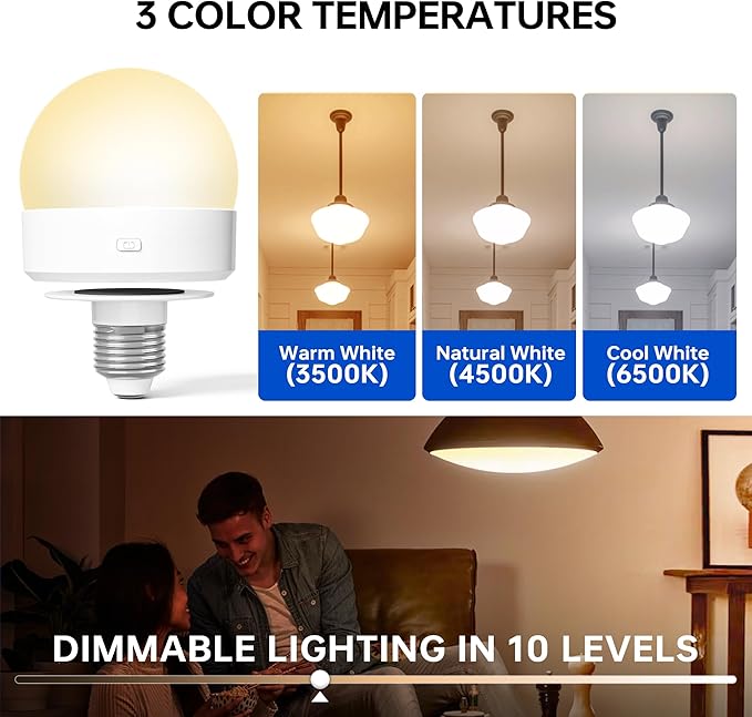 RGB Color Changing Light Bulb: Rechargeable Battery Operated E26 LED Bulbs, 3000mAh Wireless Dimmable Puck Lights with Remote Timer Magnetic for Sconce Lamp, 3 Color Temperatures+12 RGB Colors, 6pcs