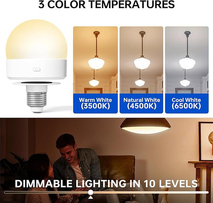 Rechargeable Battery Night Light Bulb: 3000mAh LED Bulb with Remote Control for Lamp, Wireless E26 USB Puck Light 400LM with Timer, 3 Color Temperature+12 RGB Color, Magnetic Camping Outdoor , 2pcs