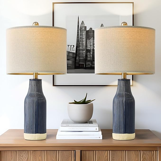 23.75" Modern Blue Ceramic Table Lamp Set of 2 for Living Room, Farmhouse Bedside Nightstand Lamp for Bedroom Home Office Dorm
