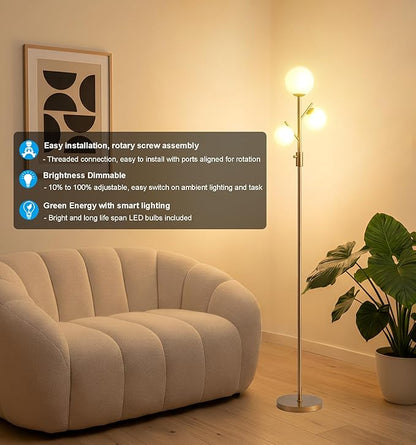 Fiqevs Upgraded Dimmable Globe Floor Lamp for Living Room, Mid Century Modern Gold Tree Floor Lamps with LED Bulbs, Elegant Standing Lamp for Bedroom Office Dining Room