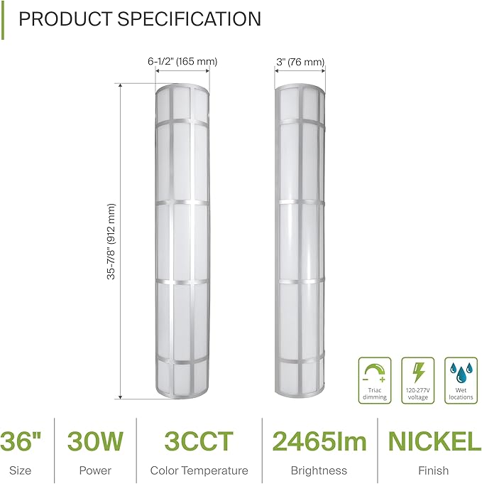 ASD 36 Inch LED Outdoor Wall Mount Light Fixture with Grid - Brushed Nickel Modern Wall Sconce - 30W 120-277V 3000K 4000K 5000K Adjustable - Dimmable Exterior Lights - Front Door, Patio - ETL