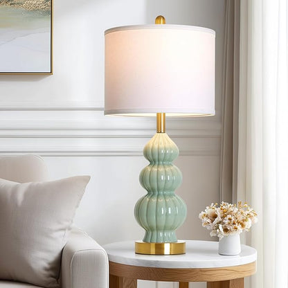 Green Ceramic Lamps Set of 2, 26.5" Modern Table Lamps for Living Room, Classic Bedside Lamp with Triple Gourd, Elegant Bedroom Lamp for Night Stand Desk Side End Table Home Decor