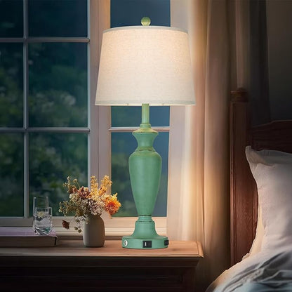 30" Tall Metal Table Lamps Set of 2, Touch Control Bedside Lamps for Bedroom Nightstand, 3-Way Dimmable Farmhouse Lamp for Living Room with Charging Ports, Retro Green (2 LED Bulbs Included)