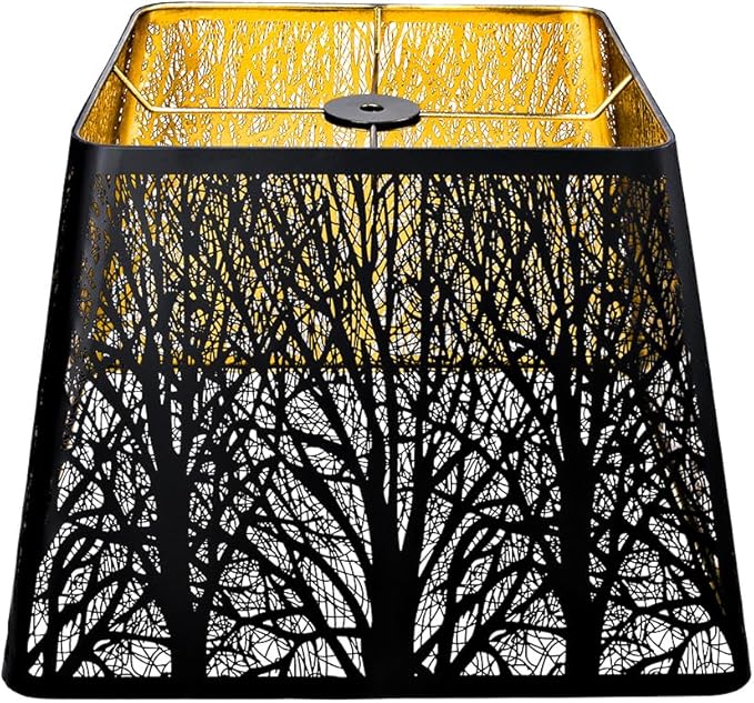Medium Square Lamp Shades, ALUCSET Metal Lampshade with Pattern of Trees for Table Lamp and Floor Light, 9 x 12 x 8.8 Inch, Spider (Black/Gold)
