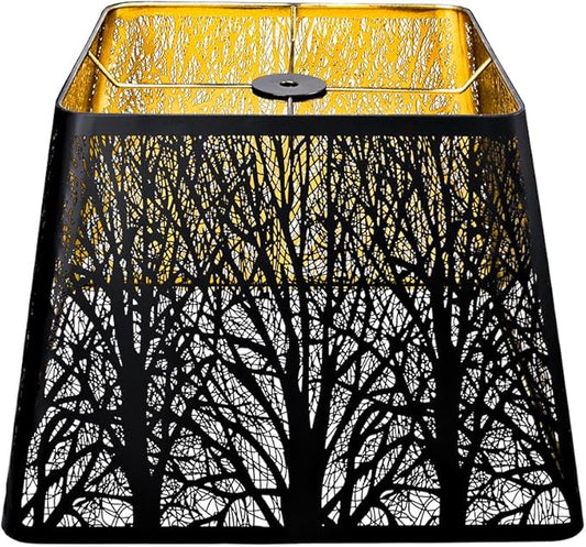 Medium Square Lamp Shades, ALUCSET Metal Lampshade with Pattern of Trees for Table Lamp and Floor Light, 9 x 12 x 8.8 Inch, Spider (Black/Gold)