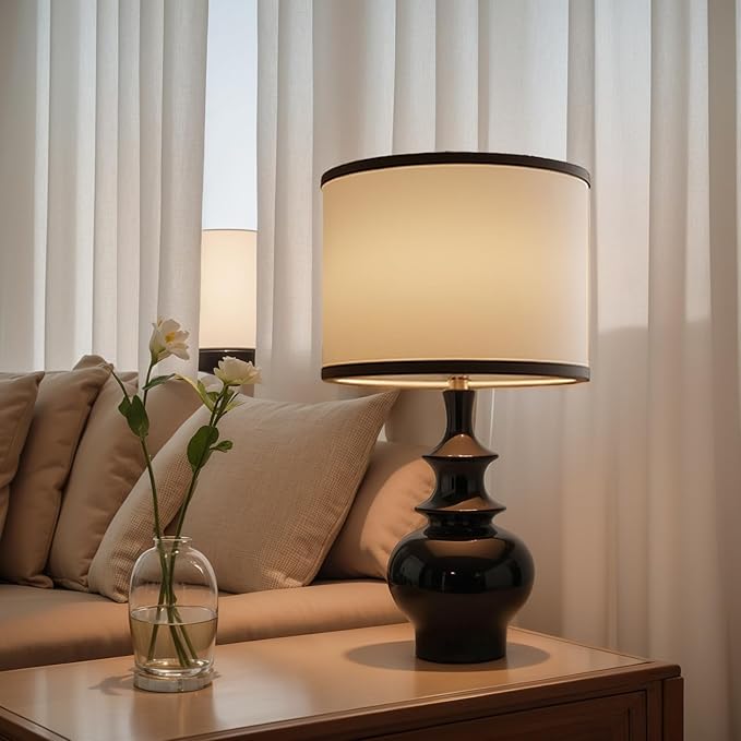20" Modern Ceramic Table Lamp, Black Bedroom Lamp for Night Stands, Farmhouse Bedside Lamp for Bedroom Living Room, Small Nightstand Lamp Desk End Table Lamp Black