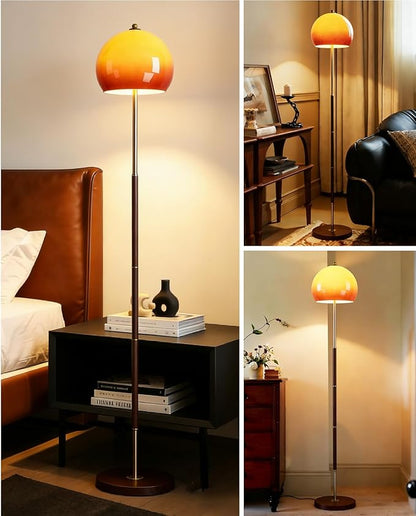 Orange Mushroom Floor Lamp, Vintage Floor Lamp with Gradient Glass Shade & Walnut Color Finish - Mid Century Modern Brushed Gold Standing Lamp for Living Room, Bedroom, Office