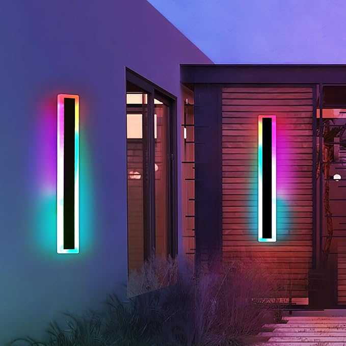 Mikeru 2pack 23.6inch Outdoor Wall Light Fixtures, RGB Modern Outdoor Wall Sconce 10%-100% Dimmable Smart Long LED Wall Light Wall Mount Featuring Multiple Modes and 12 Colors for Patio Entryway
