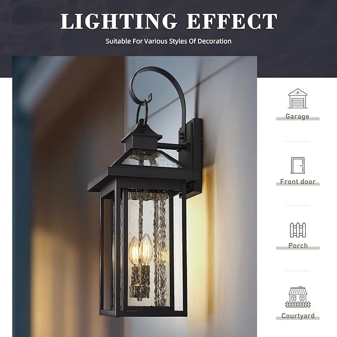 zeyu Medium Outside Wall Light Fixture, 25.2'' Industrial Porch Wall Light for Garage in Black Finish, Die-Cast Aluminum with Seeded Glass Shade, ZW114BM BK