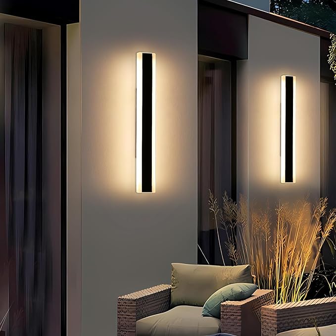 2 Pack 23.6inch Modern Outdoor Light Fixture, 3000K-6000K Dimmable Wall Sconce, IP65 Waterproof Linear Exterior LED Light with Remote Control, Black Aluminium for Porch, Patio, Garage