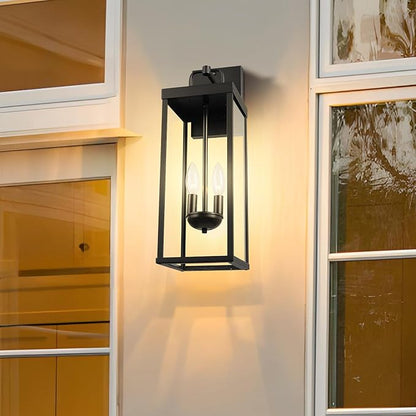 Dusk to Dawn Outdoor Wall Sconce Lights, 20 Inch Tall Transitional Exterior Wall Lighting with Clear Glass, Anti-Rust Powder Coat Black Modern Outside Lantern for Front Porch, DDRZ008M-2 BK