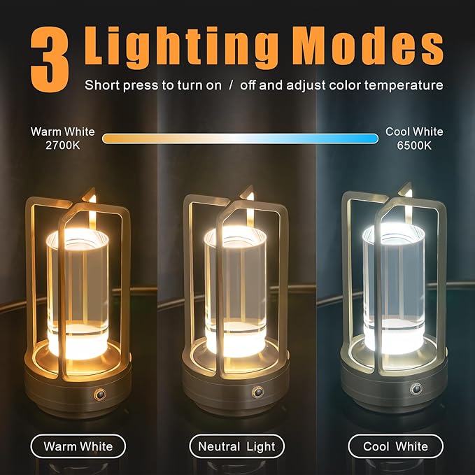 Rechargeable Table Lamp Cordless, 3 Color | Crystal | Stepless Dimming, for Bedroom, Cafe, Camping, Bar, Dining Table, Restaurant, Gold (2 Pack)