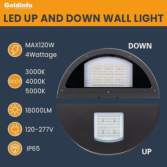 120W Up and Down LED Wall Pack Light, 3000/4000/5000K 3CCT, 60/80/100/120W Selectable, Commercial Security Lighting Outdoor LED Wall Lights for Building Parking Lot Warehouse,100-277V, ETL Listed