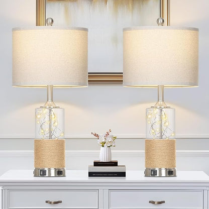 25" Boho Table Lamps Set of 2, Coastal Glass Bedside Lamps with USB A+C Ports and AC Outlet, Rattan Lamp with Night Light for Nightstand Living Room Bedroom, 2 LED Bulbs Included, Silver