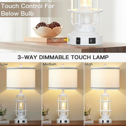 Farmhouse Lamps Set of 2, White Vintage Rustic Industrial Lamps with USB A+C Charging Ports & AC Outlet, 3 Way Dimmable Touch Control Table Lamp with LED Night Light for Living Room Bedrooms Office