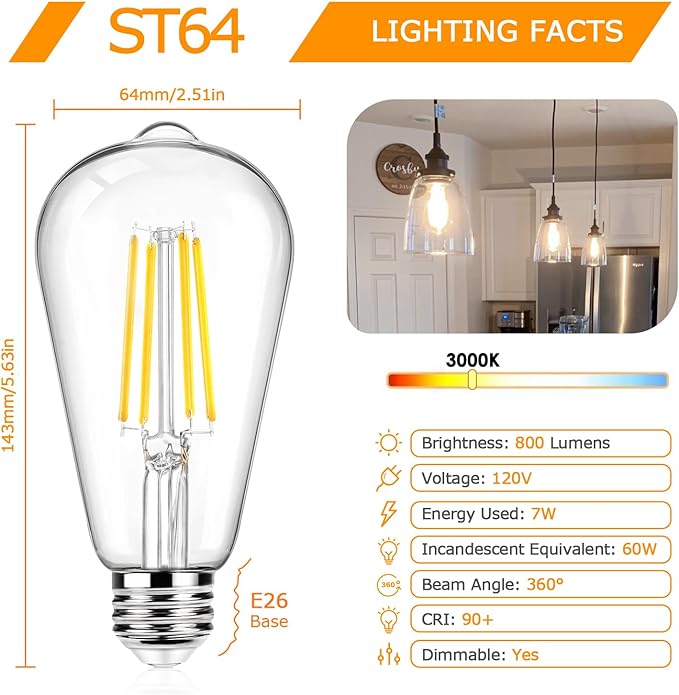 12Packs ST64 Large Vintage LED Edison Bulbs, 60W Equivalent 7W, 800Lumens, Dimmable Antique LED Filament, 3000K Warm White, E26 Medium Base Light Bulbs High Brightness Clear Glass for Bedroom Office