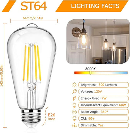 12Packs ST64 Large Vintage LED Edison Bulbs, 60W Equivalent 7W, 800Lumens, Dimmable Antique LED Filament, 3000K Warm White, E26 Medium Base Light Bulbs High Brightness Clear Glass for Bedroom Office