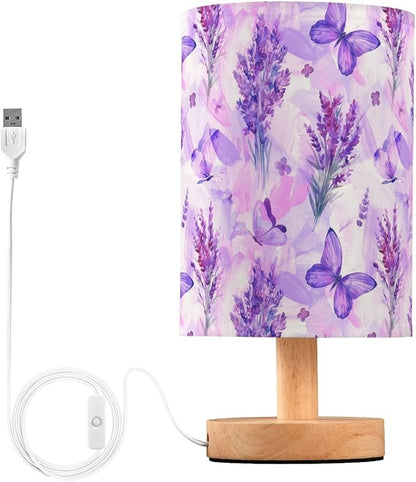 Bedside Lamp Purple Lavender Butterfly Table Lamp for Bedroom LED Nightstand Lamp Shade USB Ports Wood Base for Living Room Dorm Office