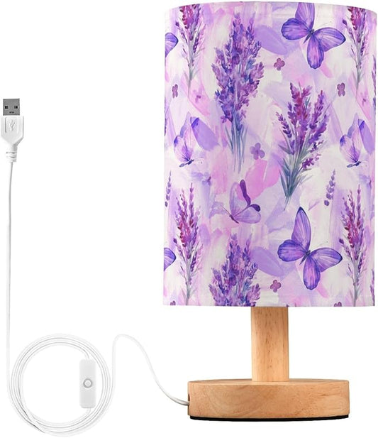 Bedside Lamp Purple Lavender Butterfly Table Lamp for Bedroom LED Nightstand Lamp Shade USB Ports Wood Base for Living Room Dorm Office
