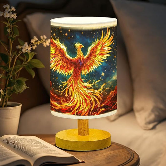 Phoenix Table Lamp LED 3-Color Pressed Bedside, Phoenix Shade Lamp with Wood Base for Bedroom Living Room Desk Office TL01